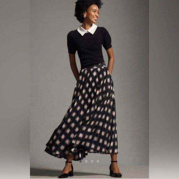 NWOT Anthropologie The Isobel Silky Pleated Maxi Skirt Black/Pink Size XS - Picture 1 of 10